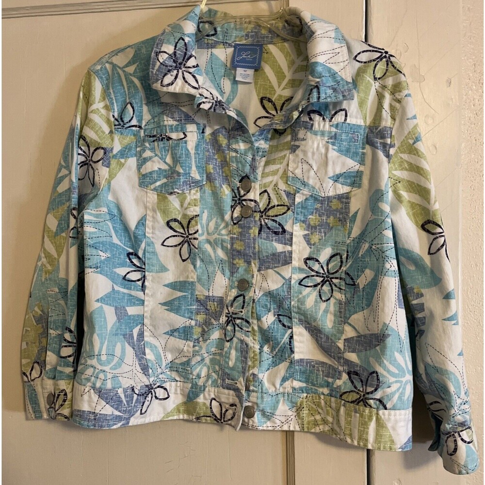 Lark Lane Women’s Size 12 Printed  Denim Cotton Blue White Light Green Floral